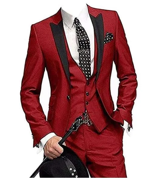 2020 New Arrival Groomsmen Peak Black Lapel Groom Tuxedos Burgundy Men Suits Wedding Best Man Blazer (Jacket Pants Vest)