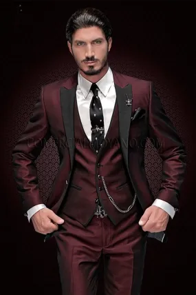 2020 New Arrival Groomsmen Peak Black Lapel Groom Tuxedos Burgundy Men Suits Wedding Best Man Blazer (Jacket Pants Vest)