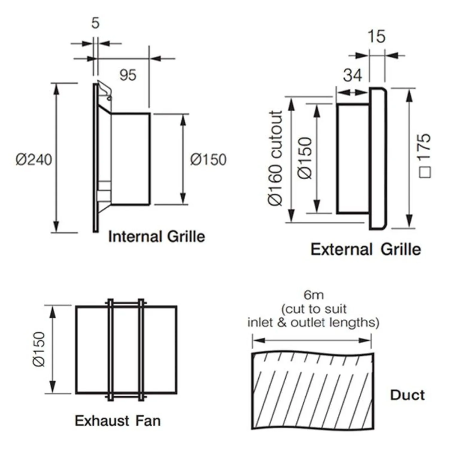 361m³/h Minitube in-Line Duct Mounted Kit (MTP132 6M Duct internal/External Grille)