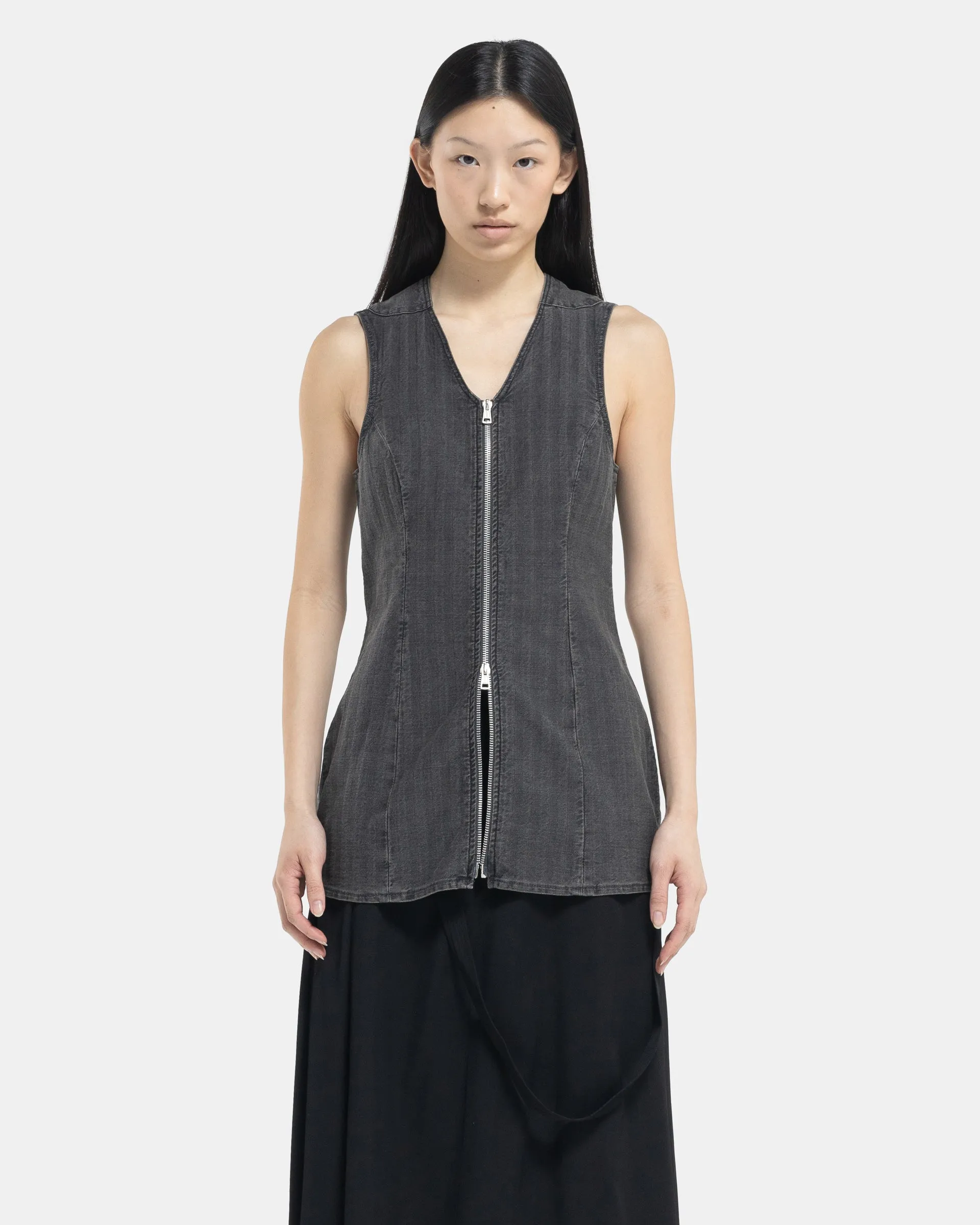 Biker Zip Vest in Washed Grey Torino Stripe