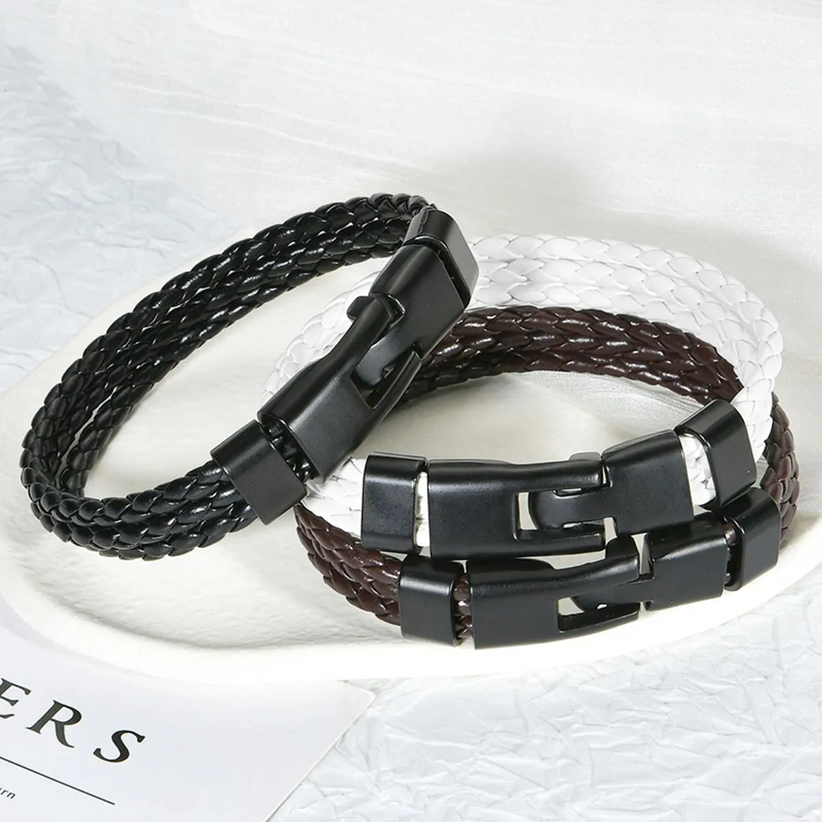 Black Biker Triple Layer Braided Rope Leather Wrist Band Wrap Bracelet