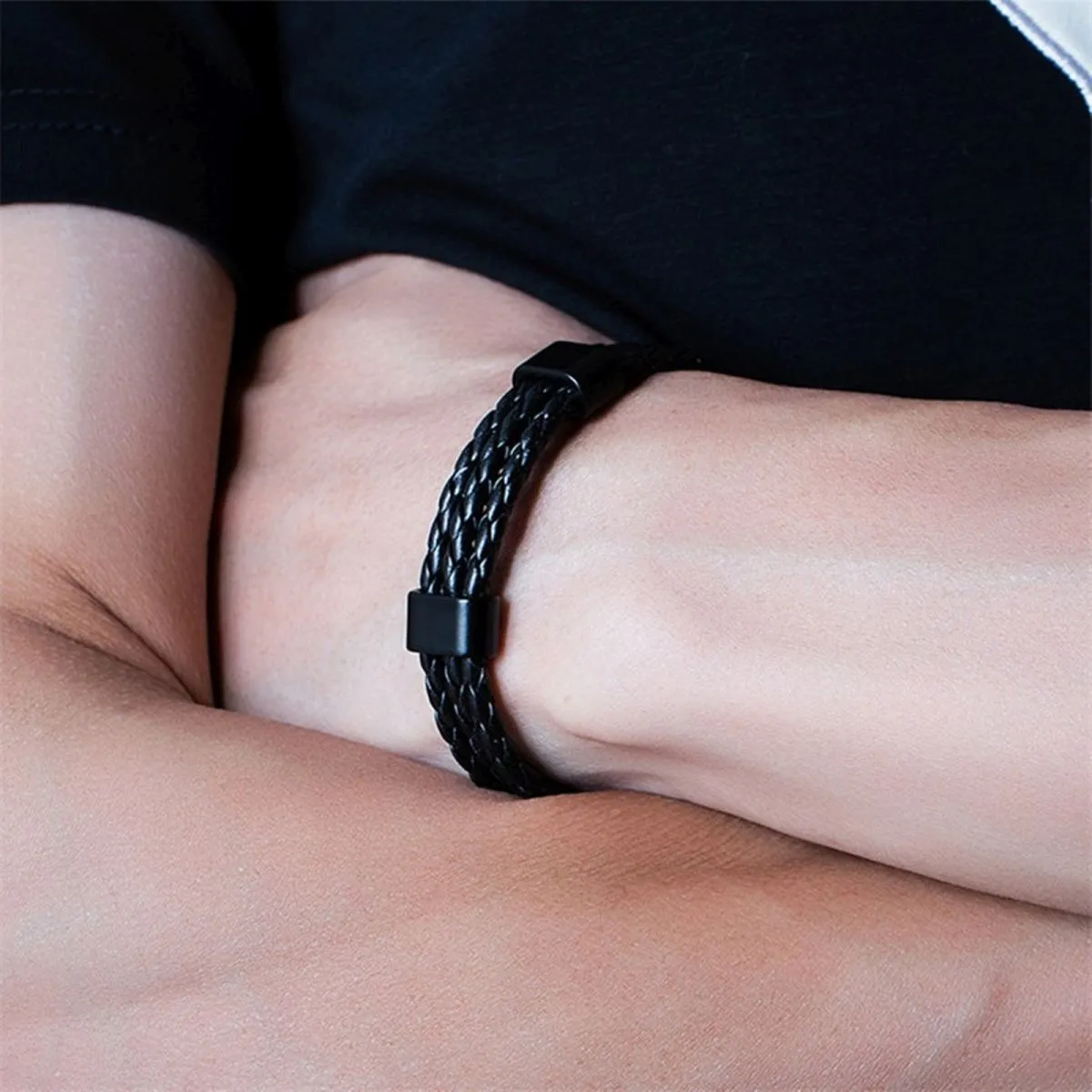 Black Biker Triple Layer Braided Rope Leather Wrist Band Wrap Bracelet