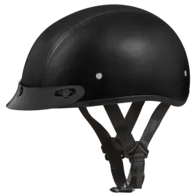 Black Leather Covered Slim Lined Motorcycle Half Helmet