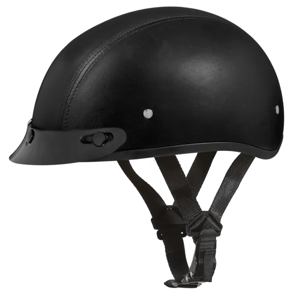 Black Leather Covered Slim Lined Motorcycle Half Helmet