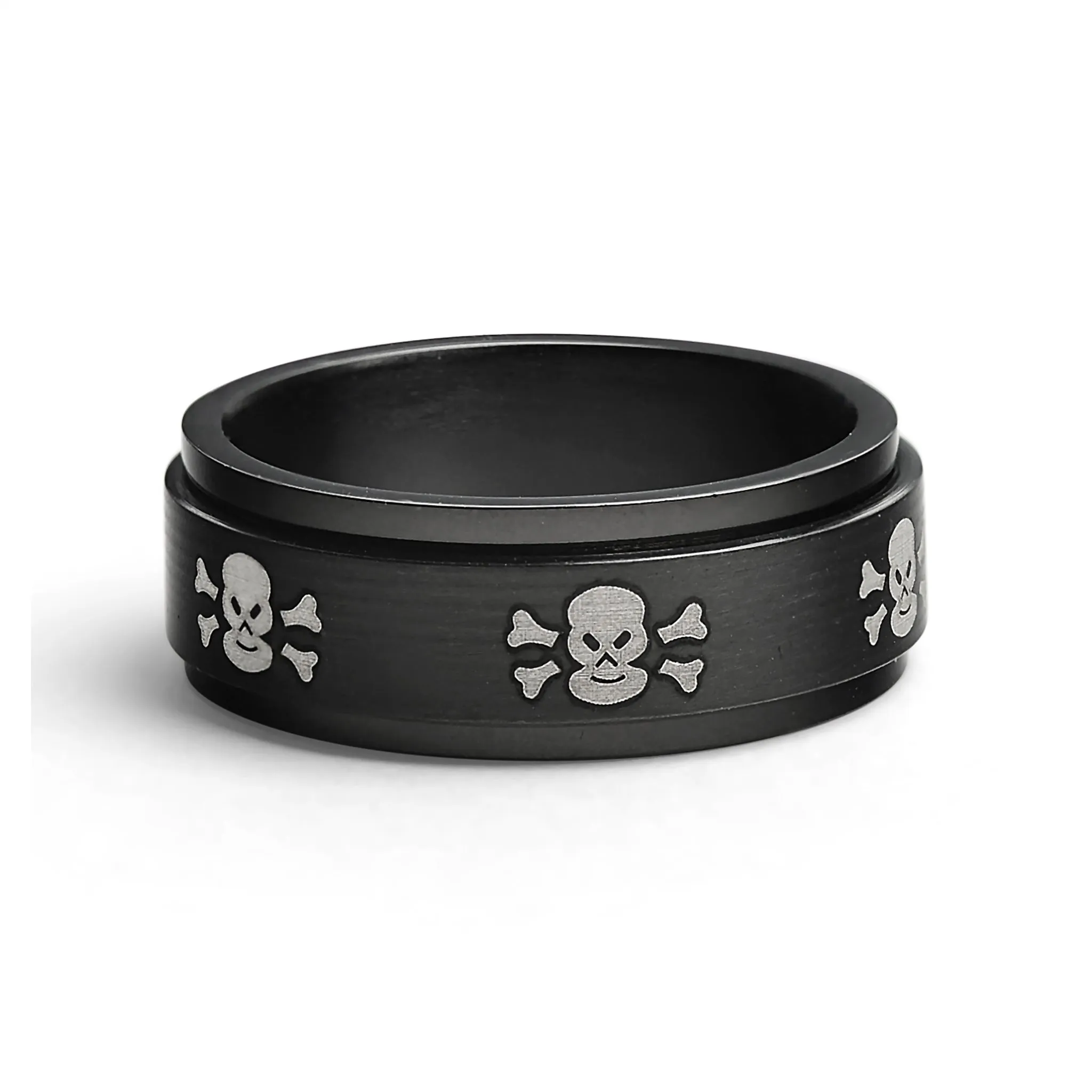 Black With White Skulls Stainless Steel Spinner Ring / STC003