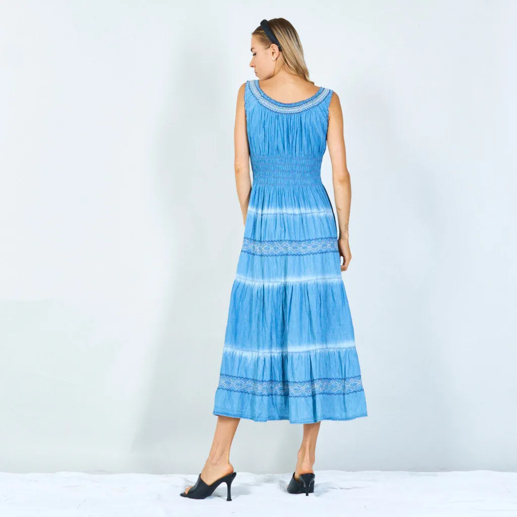 Boho smocked denim maxi dress wholesale