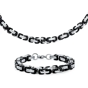 Byzantine Chain Mechanic Double Link Bracelet Black Silver Gold Stainless Steel