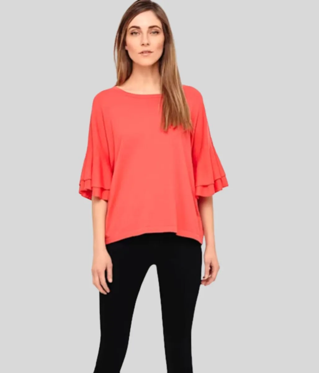 Coral Daisi Double Frill Sleeve Knit Top