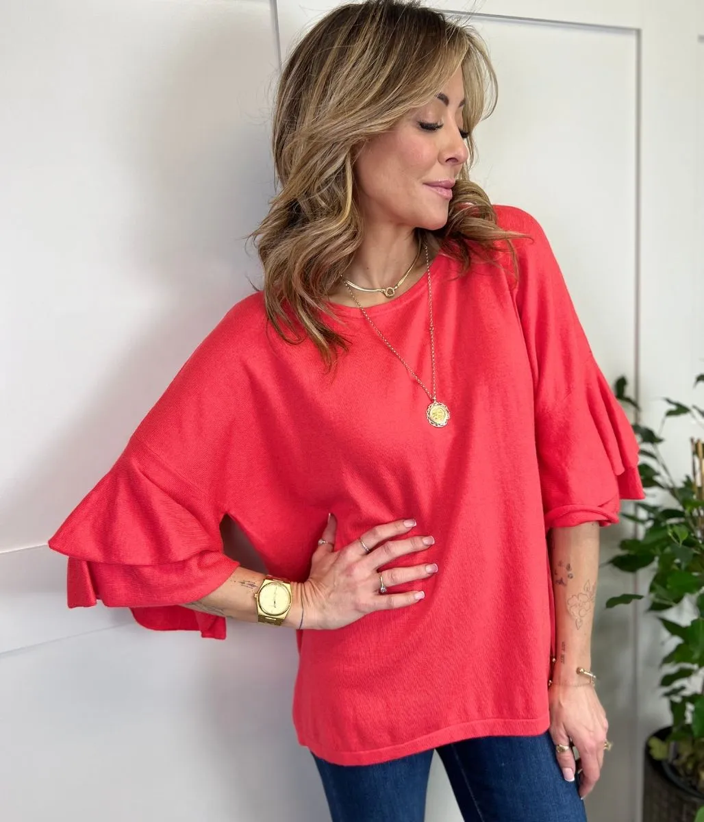 Coral Daisi Double Frill Sleeve Knit Top