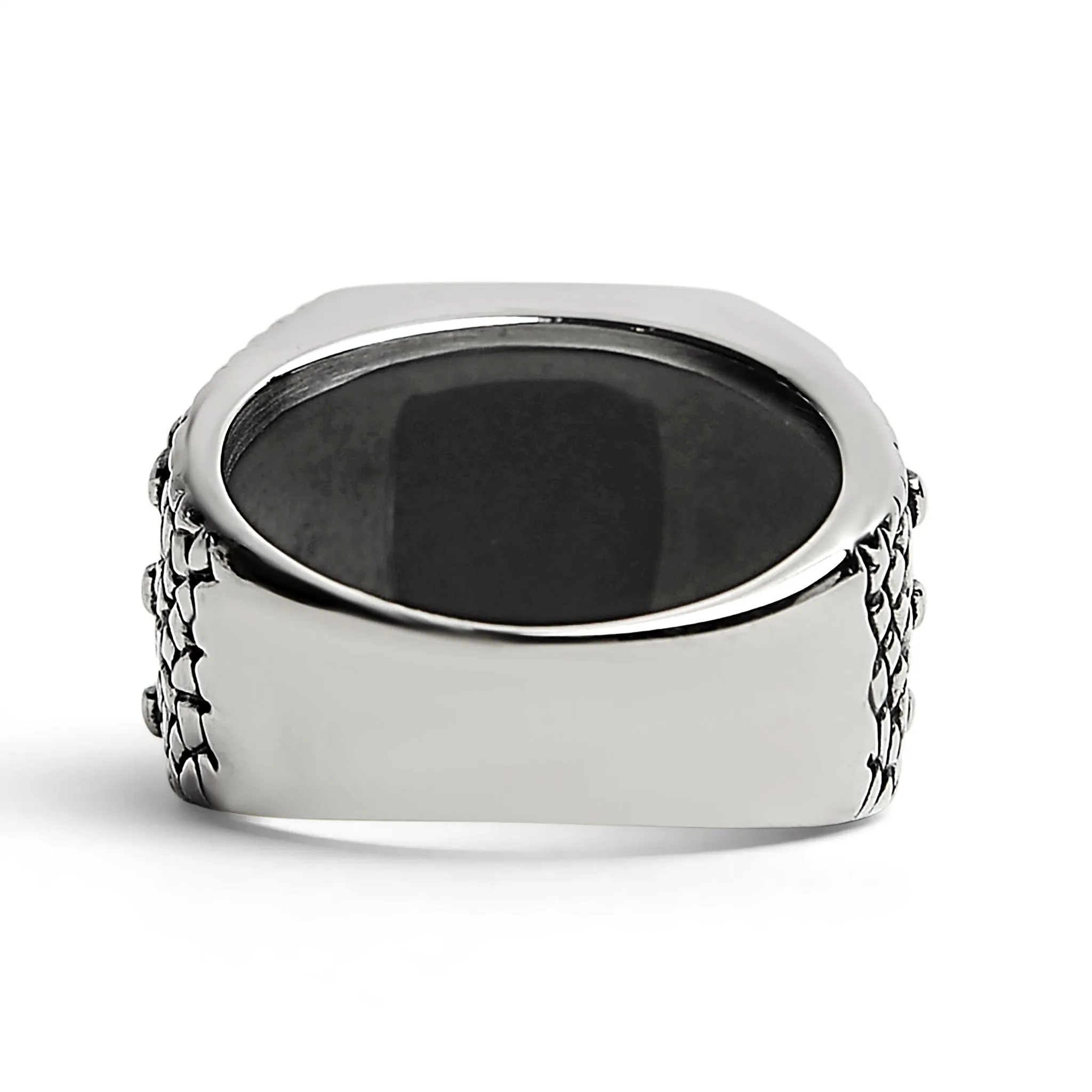 Detailed Cubed Center Black Stone Stainless Steel Ring / SCR4020