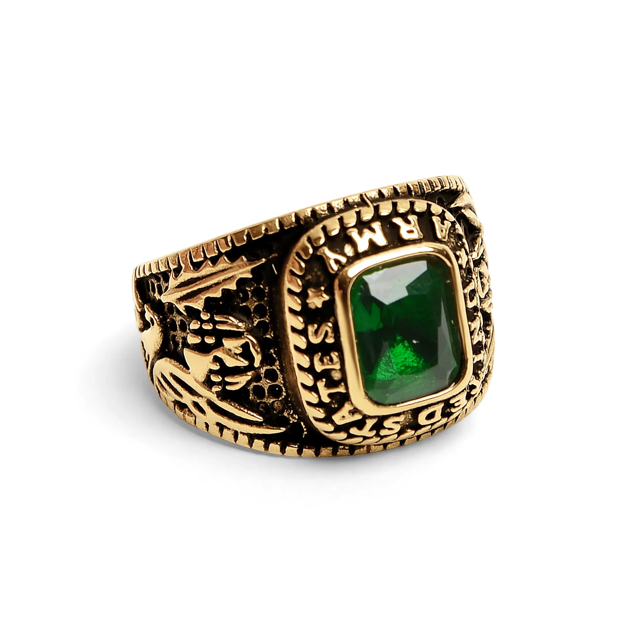 Gold United States Army Green Center Stone Stainless Steel Ring / MCR6005