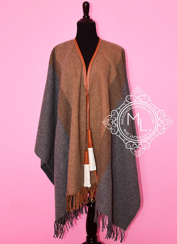 Hermes Cashmere Wool Gold Grey Rocabar Bivouac Poncho Cape