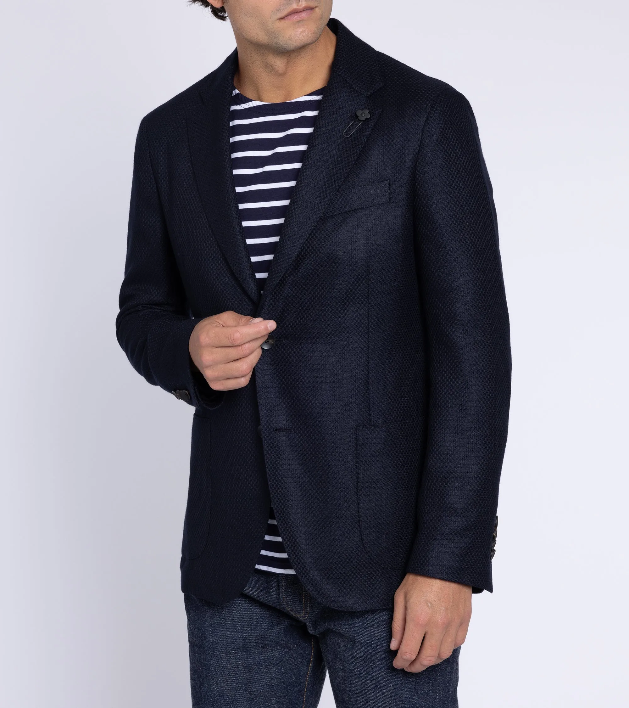 Lardini Cashmere Silk Basket Weave Jacket: Navy