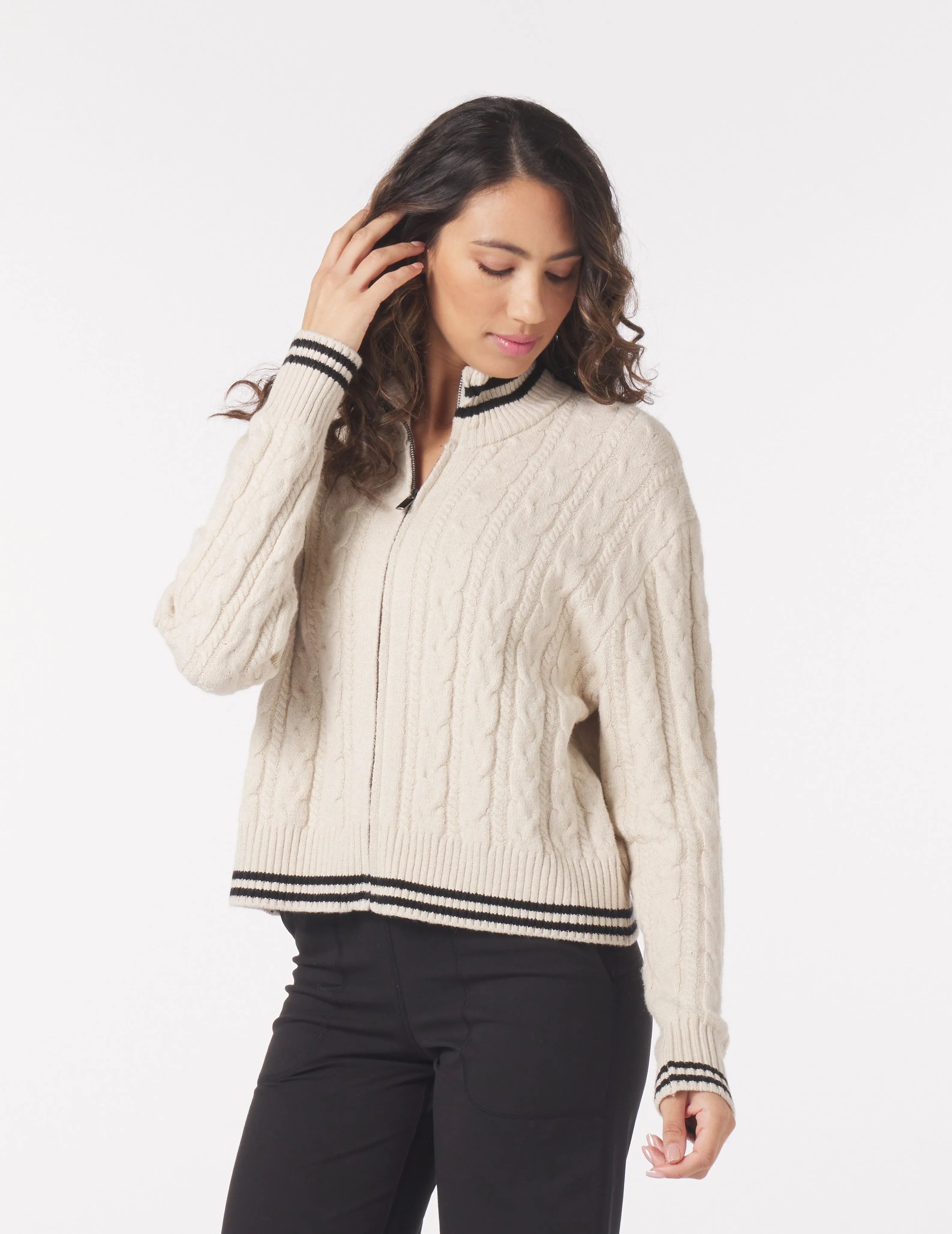 Leisure Cable Knit Zip Up: Oatmilk/Black