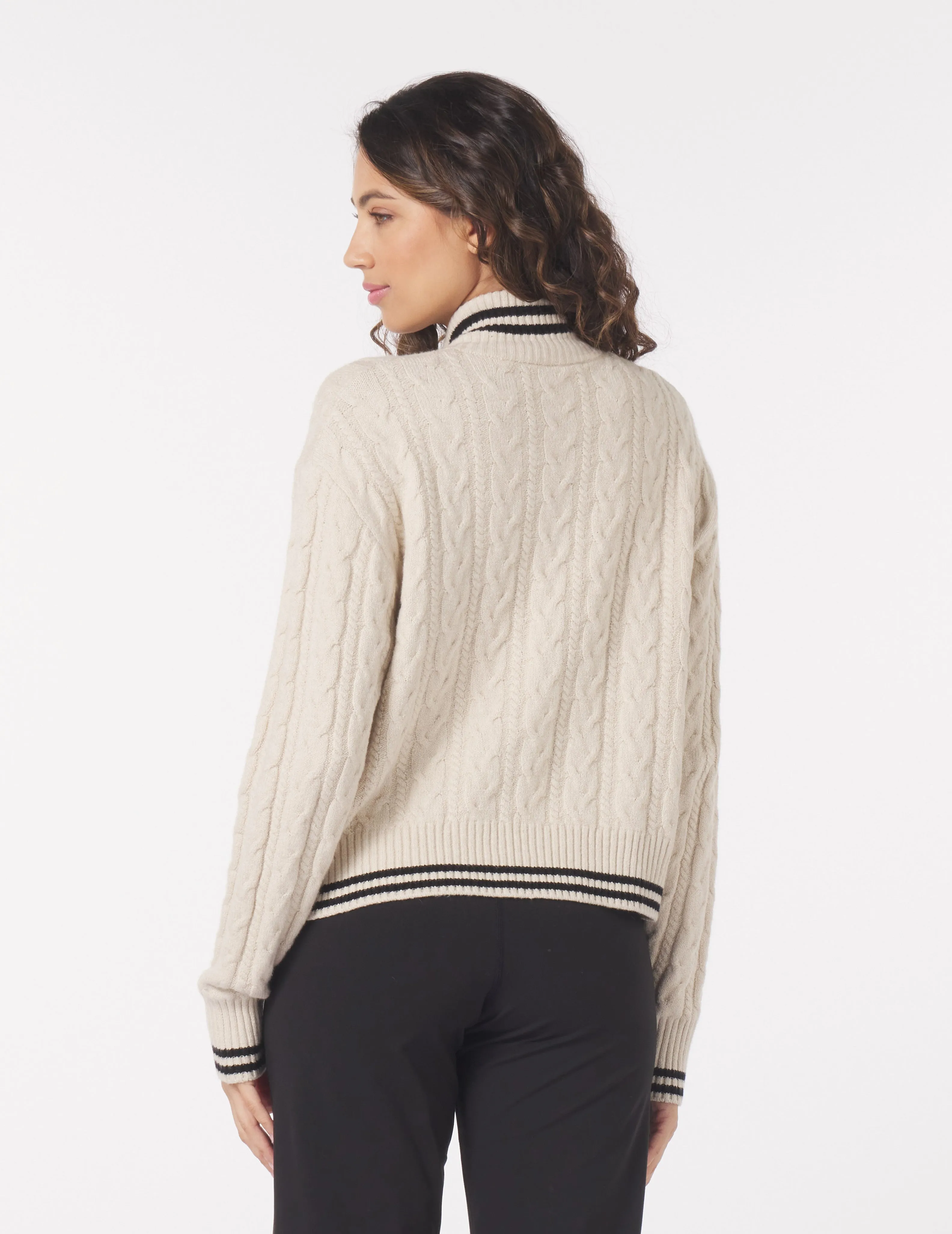 Leisure Cable Knit Zip Up: Oatmilk/Black