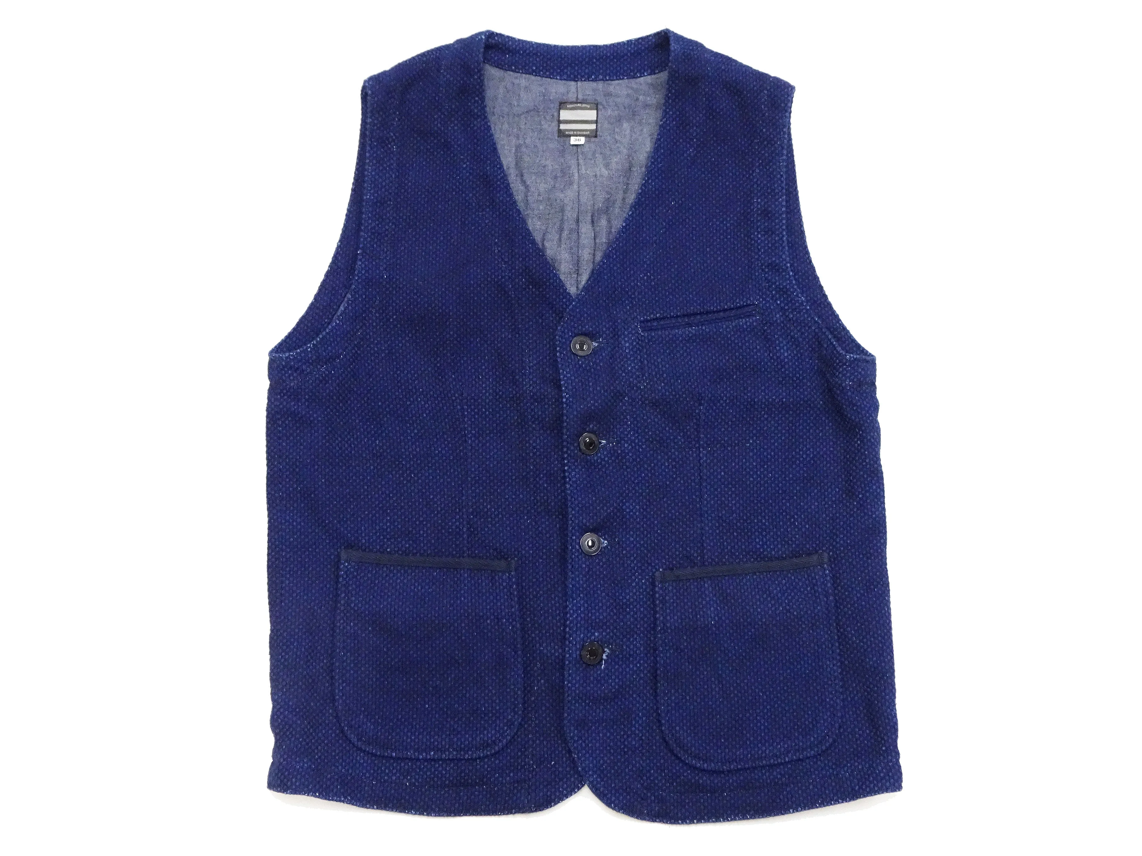 Momotaro Jeans Indigo Sashiko Vest Men's Casual V-neck Button Front Work Vest Waistcoat 04-010