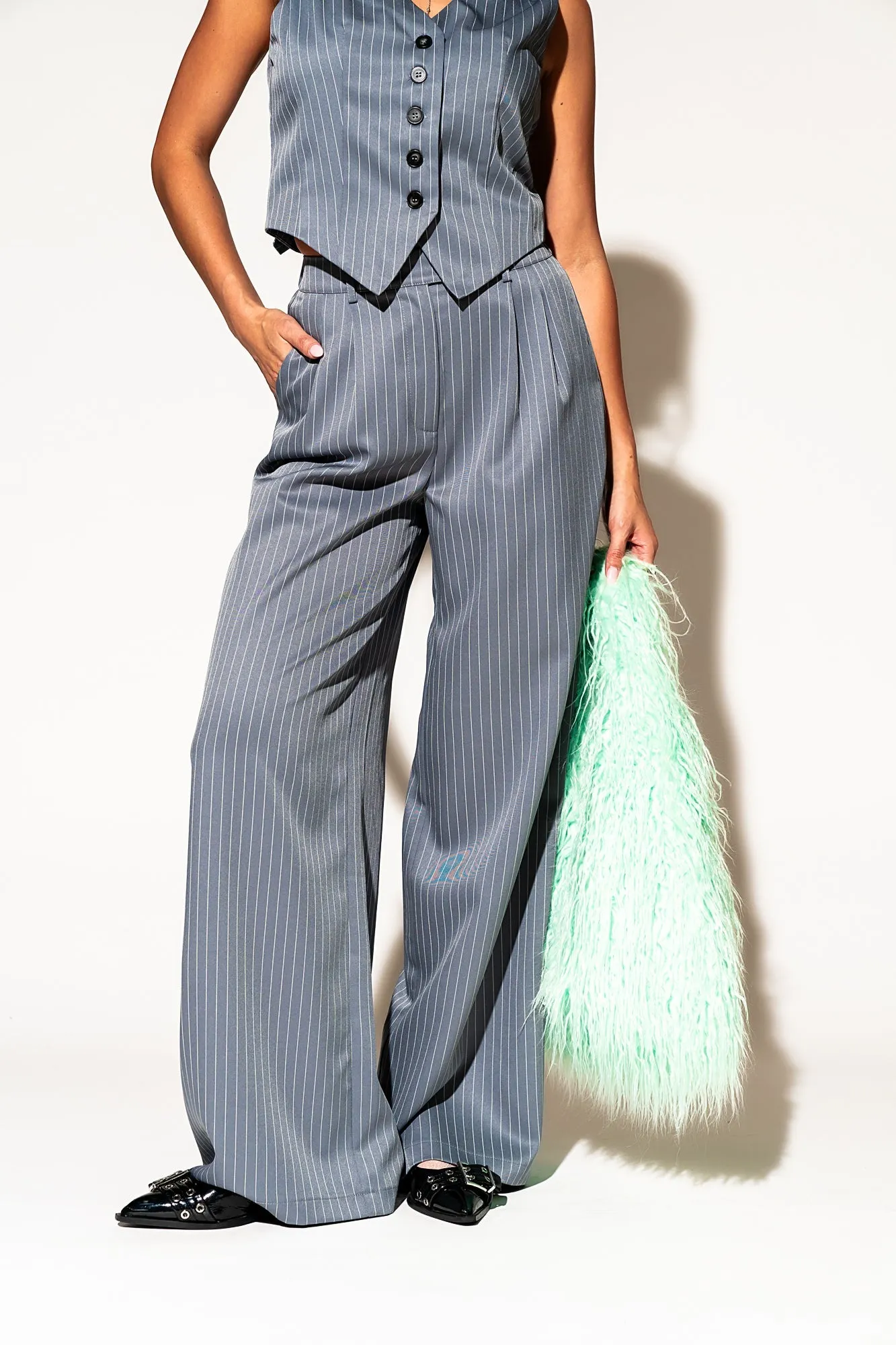 Wide Leg Trousers in Boss B*tch Pinstripe (Grey)